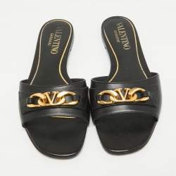 Valentino Black Leather VLogo Flat Slides Size 39