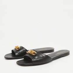 Valentino Black Leather VLogo Flat Slides Size 39