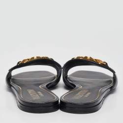 Pre Owned Valentino Black Leather VLogo Chain Flat Slides Size 38