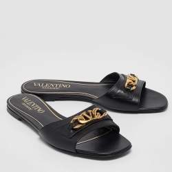 Pre Owned Valentino Black Leather VLogo Chain Flat Slides Size 38