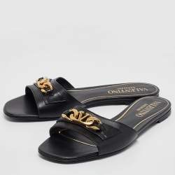 Pre Owned Valentino Black Leather VLogo Chain Flat Slides Size 38