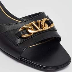 Pre Owned Valentino Black Leather VLogo Chain Flat Slides Size 38