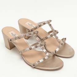 Pre Owned Valentino Metallic Gold Leather Rockstud Slide Sandals Size 40