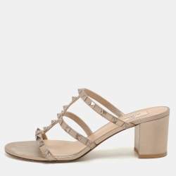 Pre Owned Valentino Metallic Gold Leather Rockstud Slide Sandals Size 40