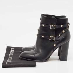 Pre Owned Valentino Black Leather Rockstud Ankle Boots Size 39