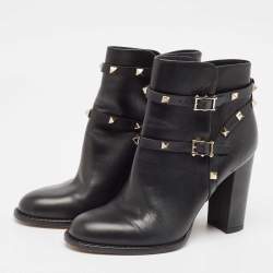 Pre Owned Valentino Black Leather Rockstud Ankle Boots Size 39