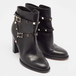 Pre Owned Valentino Black Leather Rockstud Ankle Boots Size 39
