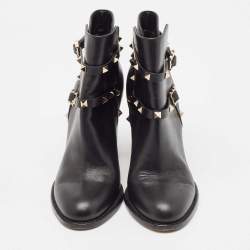 Pre Owned Valentino Black Leather Rockstud Ankle Boots Size 39