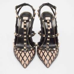 Valentino Beige/Black Leather Rockstud Pointed Toe Pumps Size 39