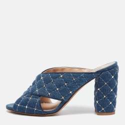 Pre Owned Valentino Blue Denim Rockstud Block Heel Mules Size 37