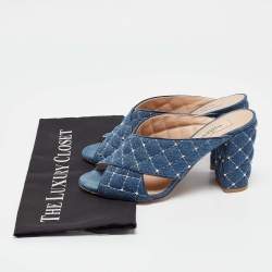 Pre Owned Valentino Blue Denim Rockstud Block Heel Mules Size 37