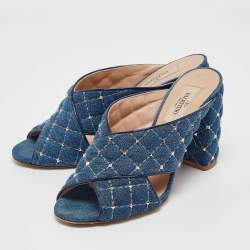 Pre Owned Valentino Blue Denim Rockstud Block Heel Mules Size 37
