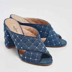 Pre Owned Valentino Blue Denim Rockstud Block Heel Mules Size 37