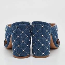 Pre Owned Valentino Blue Denim Rockstud Block Heel Mules Size 37