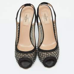 Valentino Black Mesh and Suede Crystal Embellished Peep Toe Pumps Size 38.5