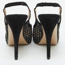 Valentino Black Mesh and Suede Crystal Embellished Peep Toe Pumps Size 38.5