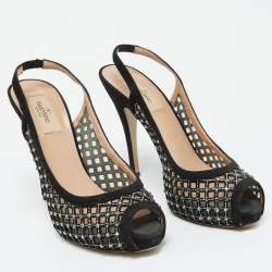 Valentino Black Mesh and Suede Crystal Embellished Peep Toe Pumps Size 38.5