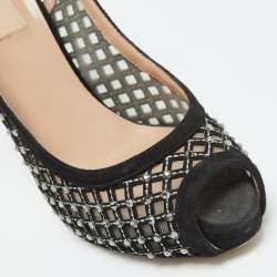 Valentino Black Mesh and Suede Crystal Embellished Peep Toe Pumps Size 38.5