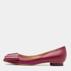 Pre Owned Valentino Dark Red Leather Half Bow Ballet Flats Size 37