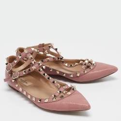 Pre Owned Valentino Pink Leather Rockstud Ballet Flats Size 37.5