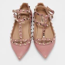 Pre Owned Valentino Pink Leather Rockstud Ballet Flats Size 37.5