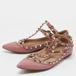 Pre Owned Valentino Pink Leather Rockstud Ballet Flats Size 37.5