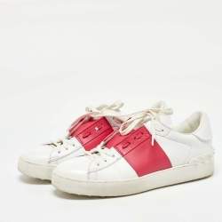 Valentino White/Pink Leather Rockstud Low Top Sneakers Size 38