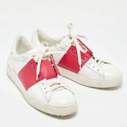 Valentino White/Pink Leather Rockstud Low Top Sneakers Size 38