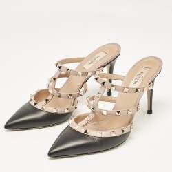 Pre Owned Valentino Black/Dusty Pink Leather Rockstud Mules Size 41