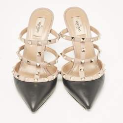 Pre Owned Valentino Black/Dusty Pink Leather Rockstud Mules Size 41