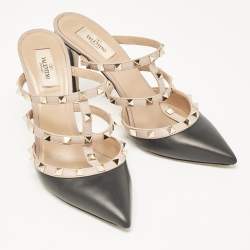 Pre Owned Valentino Black/Dusty Pink Leather Rockstud Mules Size 41