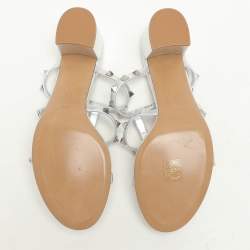 Pre Owned Valentino Silver Leather Rockstud Slide Sandals Size 40.5