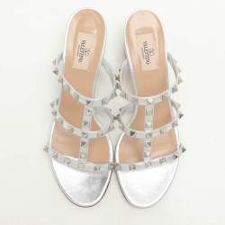 Pre Owned Valentino Silver Leather Rockstud Slide Sandals Size 40.5