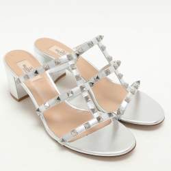 Pre Owned Valentino Silver Leather Rockstud Slide Sandals Size 40.5