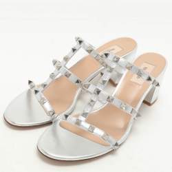 Pre Owned Valentino Silver Leather Rockstud Slide Sandals Size 40.5