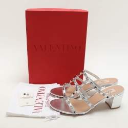 Pre Owned Valentino Silver Leather Rockstud Slide Sandals Size 40.5