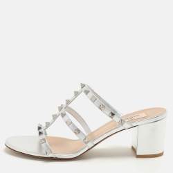 Pre Owned Valentino Silver Leather Rockstud Slide Sandals Size 40.5