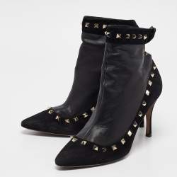 Pre Owned Valentino Black Leather and Suede Rockstud Ankle Boots Size 40