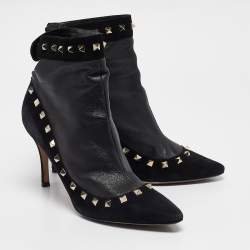Pre Owned Valentino Black Leather and Suede Rockstud Ankle Boots Size 40