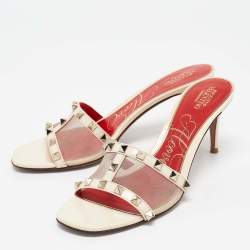 Valentino Cream Mesh and Patent Leather Rockstud Slide Sandals Size 39