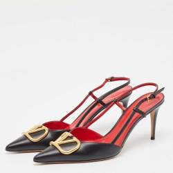 Pre Owned Valentino Black Leather Escape V logo Slingback Pumps Size 41