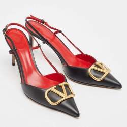 Pre Owned Valentino Black Leather Escape V logo Slingback Pumps Size 41