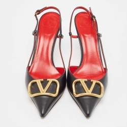Pre Owned Valentino Black Leather Escape V logo Slingback Pumps Size 41