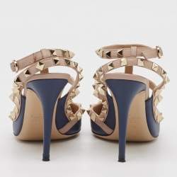 Pre Owned Valentino Navy Blue/Beige Leather Rockstud Pumps Size 38.5