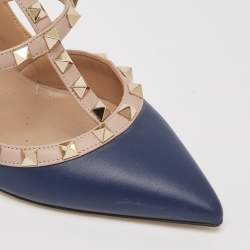 Pre Owned Valentino Navy Blue/Beige Leather Rockstud Pumps Size 38.5
