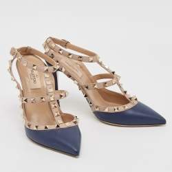 Pre Owned Valentino Navy Blue/Beige Leather Rockstud Pumps Size 38.5