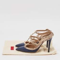 Pre Owned Valentino Navy Blue/Beige Leather Rockstud Pumps Size 38.5