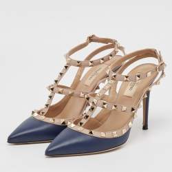 Pre Owned Valentino Navy Blue/Beige Leather Rockstud Pumps Size 38.5