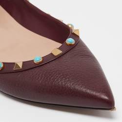 Pre Owned Valentino Burgundy Leather Rockstud Pointed Toe Ballet Flats Size 39.5