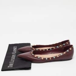 Pre Owned Valentino Burgundy Leather Rockstud Pointed Toe Ballet Flats Size 39.5